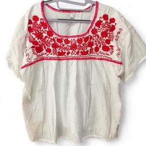 White Top with Red Floral Embroidery